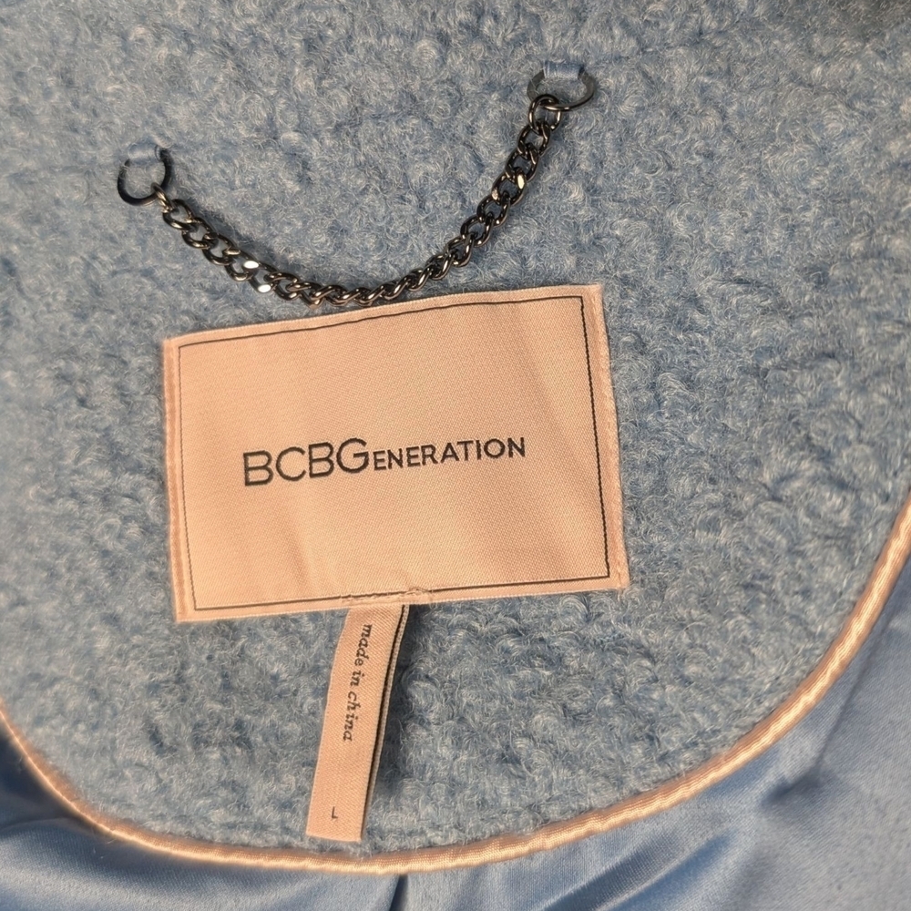 BCBGeneration Light Blue Teddy Jacket Fuzzy Trench Coat NWOT Double Button - Picture 4 of 13